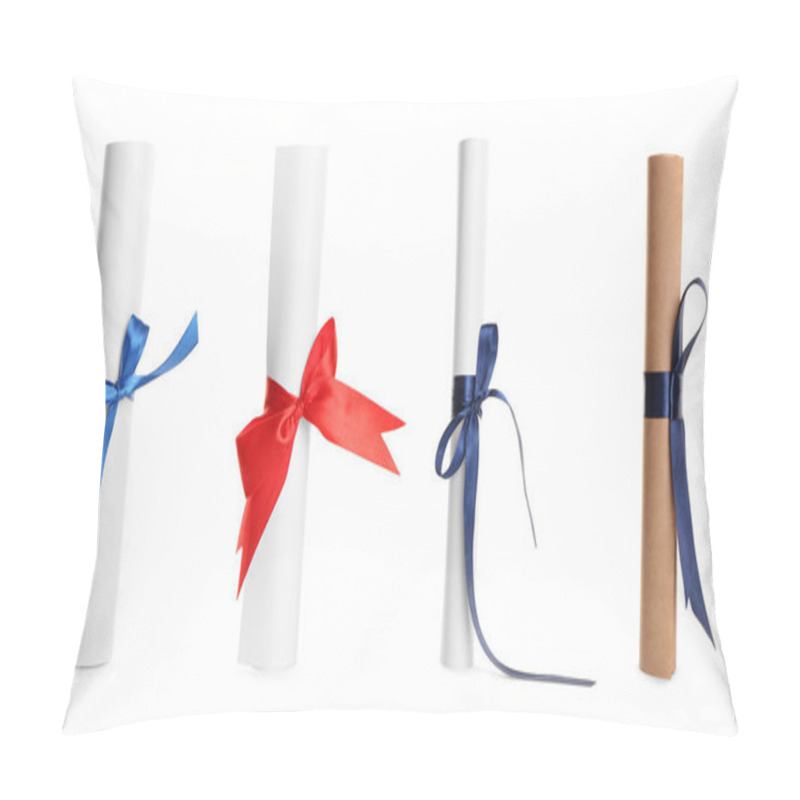 Personality  Rolled Student's Diplomas With Blue And Red Ribbons On White Background, Collage. Banner Design Pillow Covers