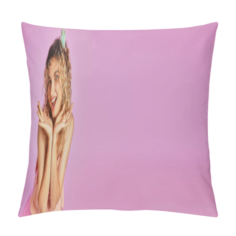 Personality  Joyful Pretty Woman In Pink Tooth Fairy Costume Smiling At Camera With Hands Raised To Face, Banner Pillow Covers