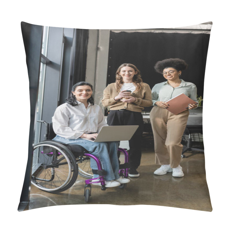 Personality  Three Interracial Businesswomen, Happy Disabled Woman In Wheelchair Working With Female Team Pillow Covers