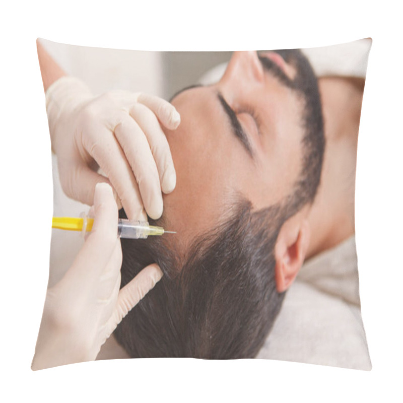 Personality  Close Up Of Cosmetologist Injecting Vitamins In Scalp Of Balding Man Pillow Covers