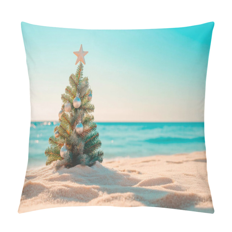 Personality  A Festive Mini Christmas Tree On Sandy Beach With Ocean In The Background. Pillow Covers