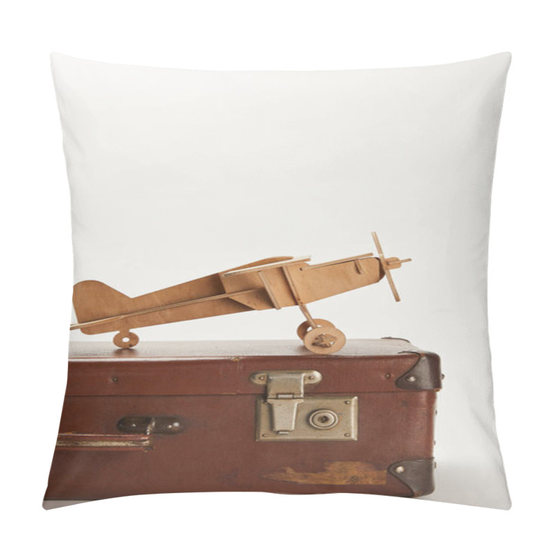 Personality  Toy Plane On Brown Leather Suitcase With Copy Space  Pillow Covers