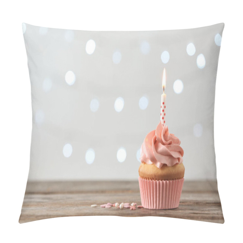 Personality  Delicious Birthday Cupcake With Burning Candle And Space For Text On Blurred Lights Background Pillow Covers