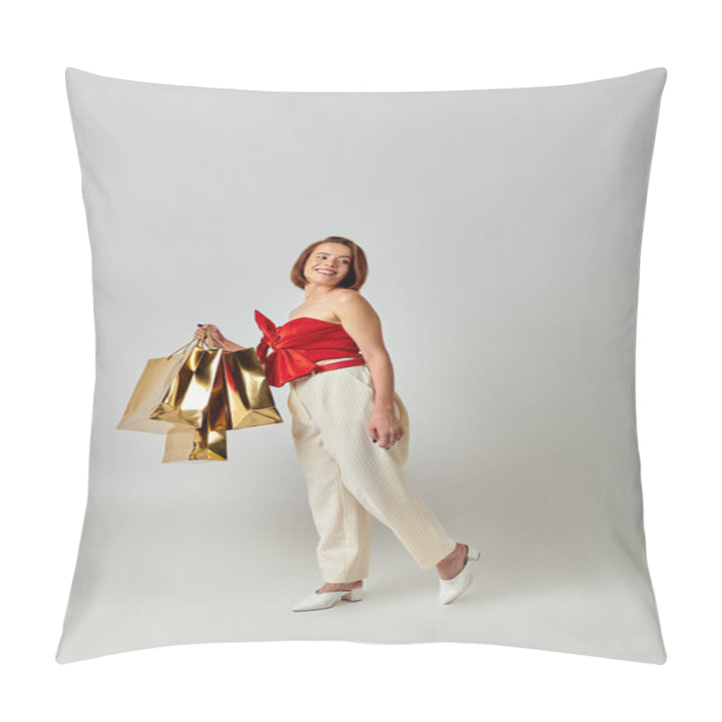 Personality  New Year Shopping, Happy Young Woman In Stylish Attire Holding Shopping Bags On Grey Background Pillow Covers