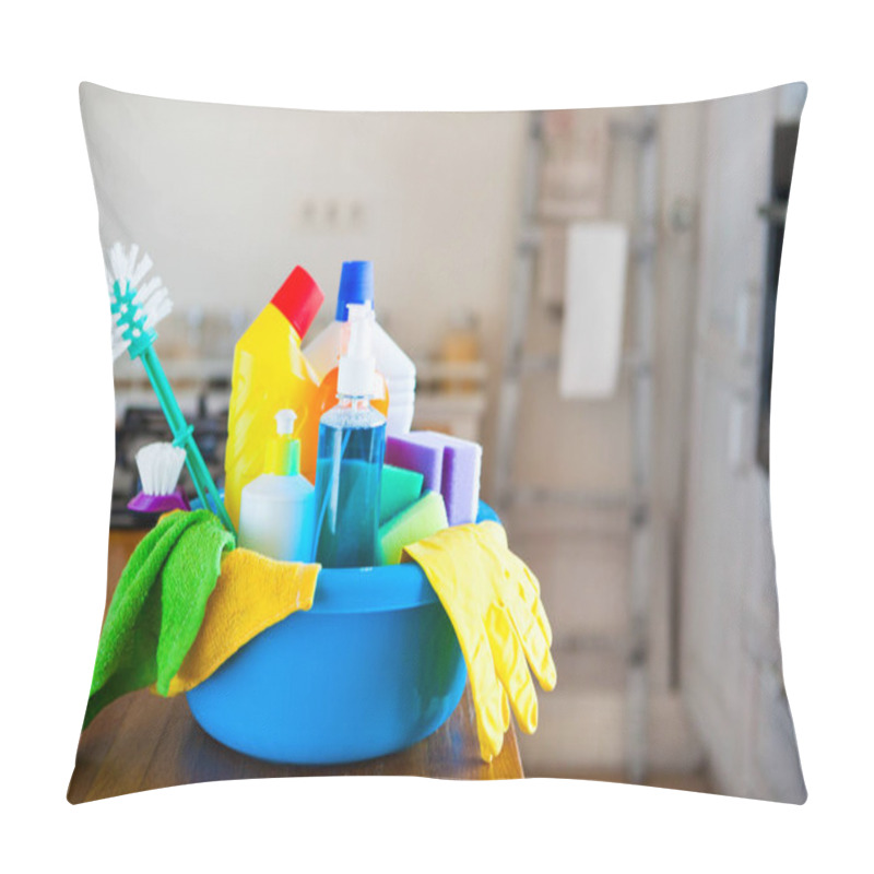 Personality  Basket With Cleaning Items On Blurry Background White Citchen. C Pillow Covers