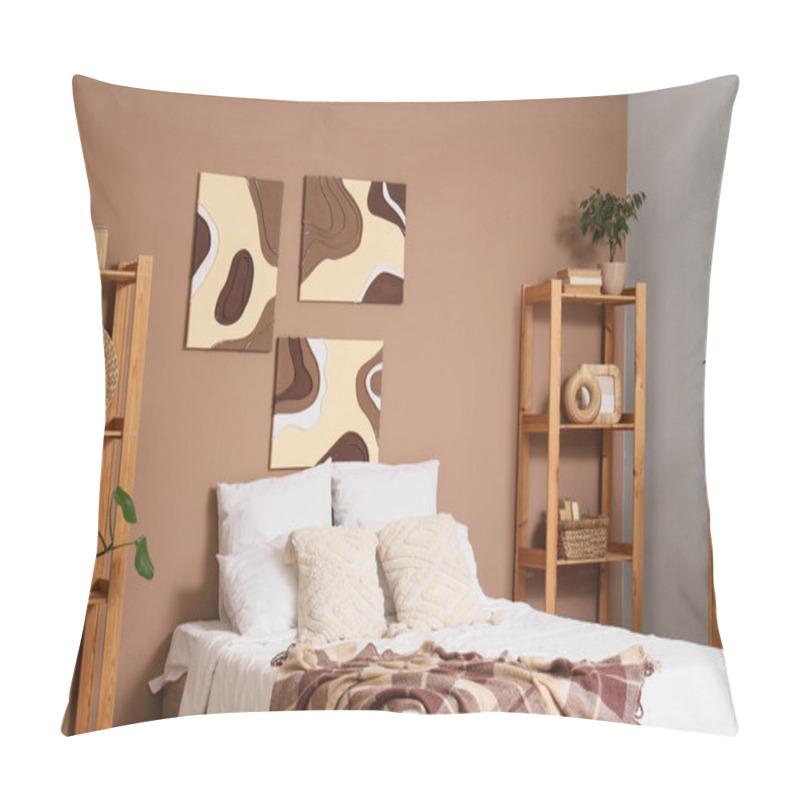 Personality  Interior Of Stylish Bedroom With Paintings, Bed And Shelf Units Pillow Covers