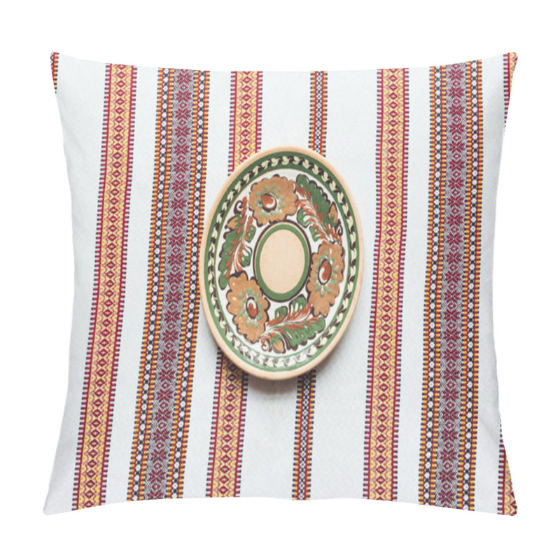 Personality  Top View Of Plate With Traditional Ornament And Embroidered Towel On Background Pillow Covers