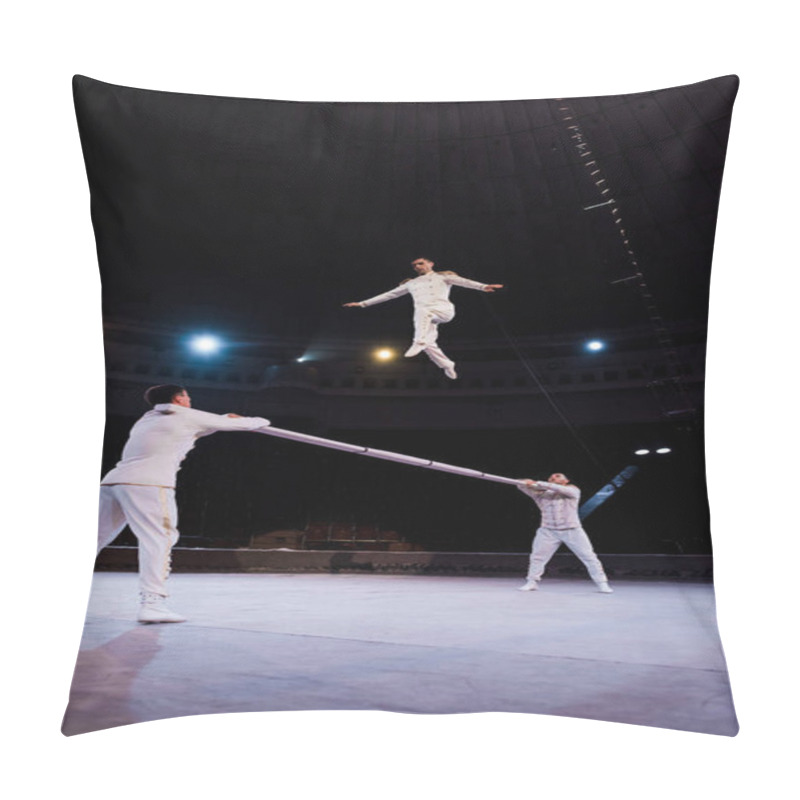 Personality  Acrobats Holding Pole Near Gymnast Jumping In Circus Pillow Covers