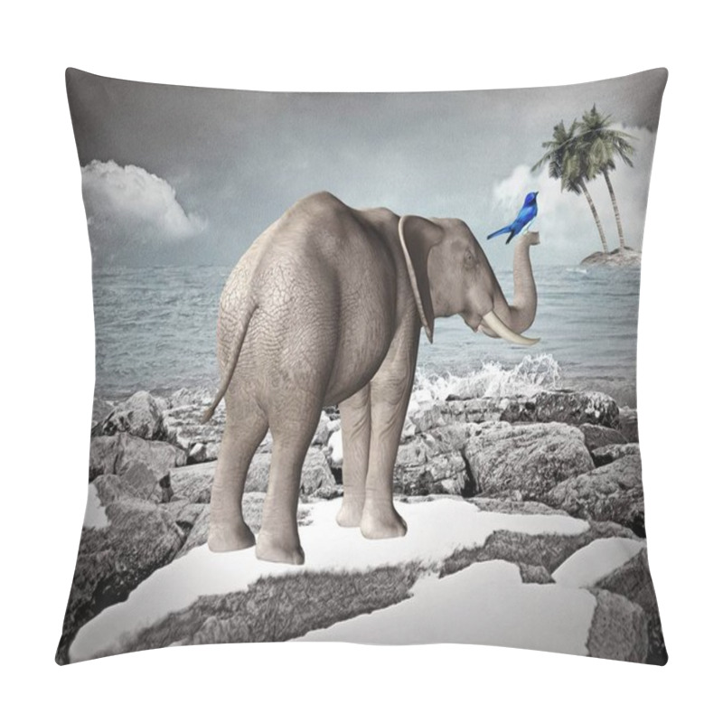 Personality  Surreal Winter Scenery With An Elephant And A Blue Bird - 3d Illustration Pillow Covers