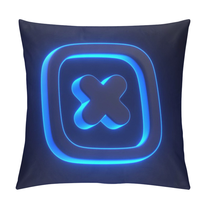 Personality  A Glowing Blue Cross Inside A Square Frame, Illuminated Against A Dark Background, Representing Rejection, Cancellation, Or Error. 3D Icon, Sign And Symbol. 3D Render Illustration Pillow Covers