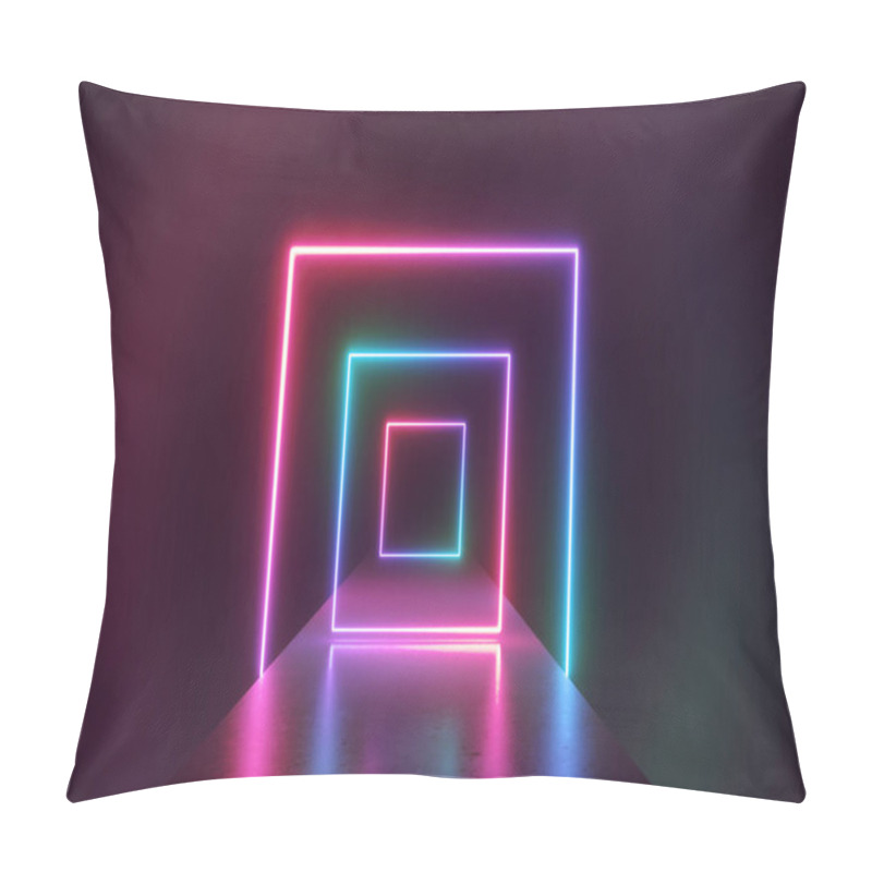 Personality  3d Render, Abstract Neon Background, Virtual Reality Tunnel, Ultraviolet Spectrum, Fashion Catwalk Podium, Empty Performance Stage, Floor Reflection Pillow Covers