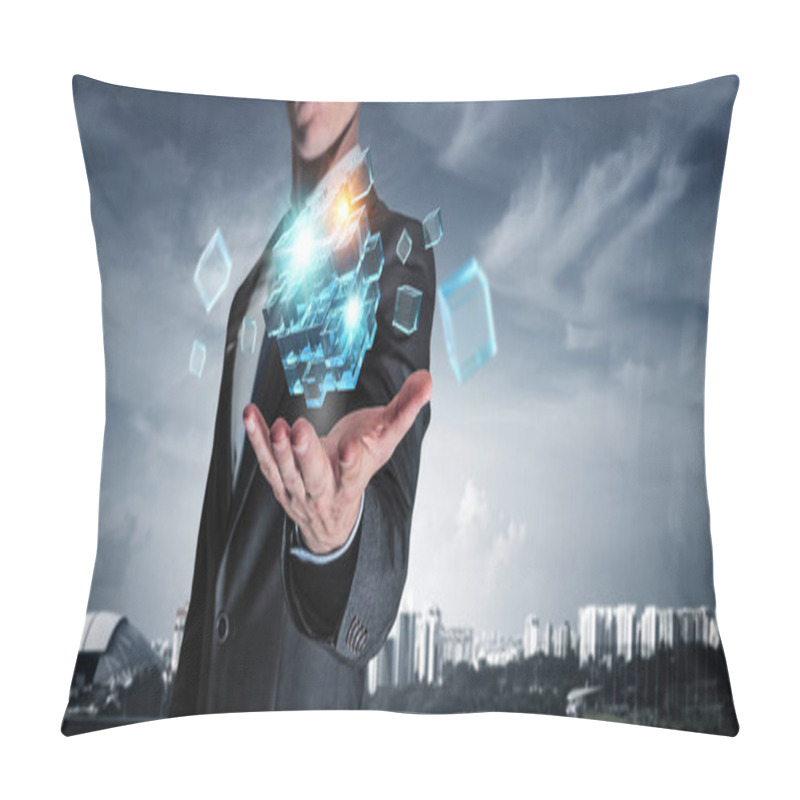 Personality  Cube Figure In Palm. Mixed Media Pillow Covers