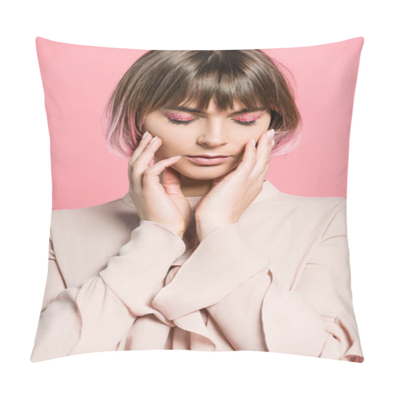 Personality  Woman With Trendy Makeup And Pink Hair Pillow Covers