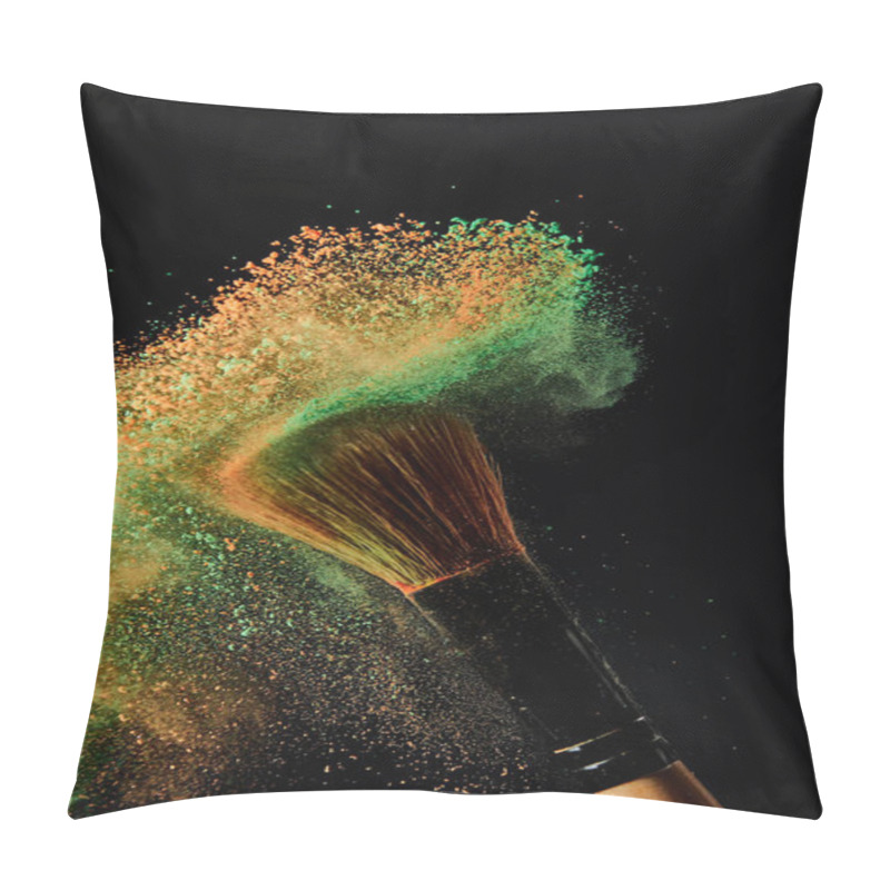 Personality  Cosmetic Brush With Green And Orange Powder Explosion On Black Background Pillow Covers