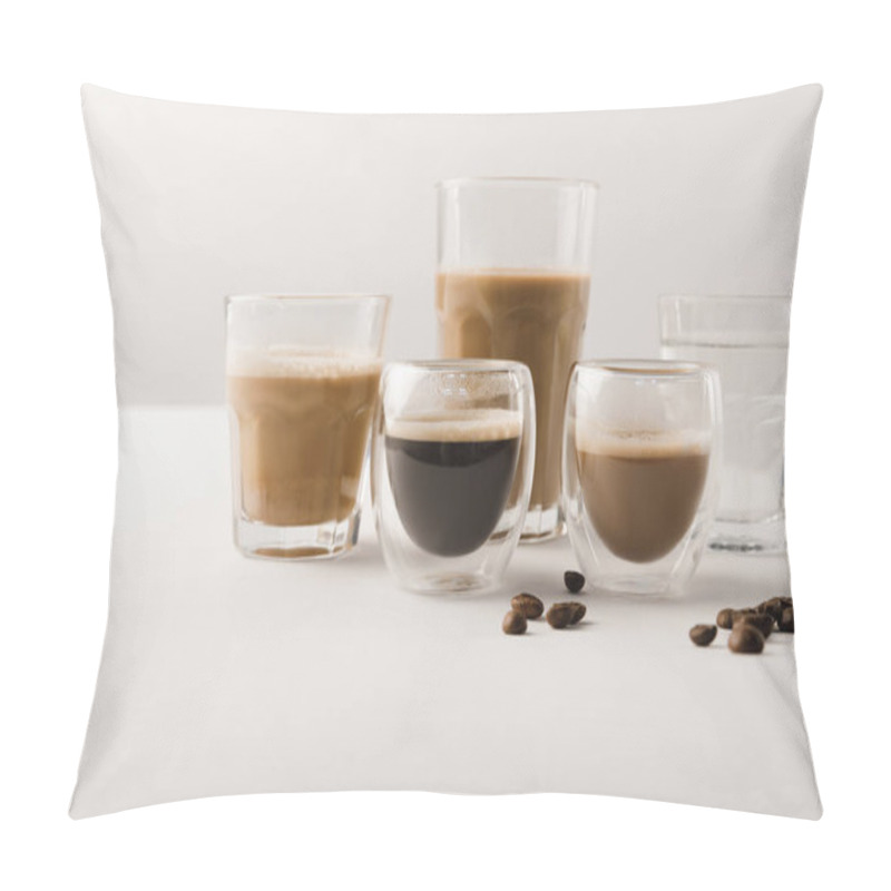 Personality  Set Of Cups With Assorted Coffee Drinks On White Background Pillow Covers