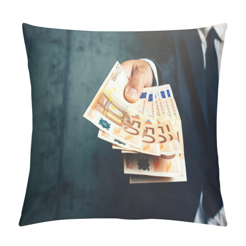 Personality  Businessman From Bank Offering Money Loan In Euro Banknotes Pillow Covers