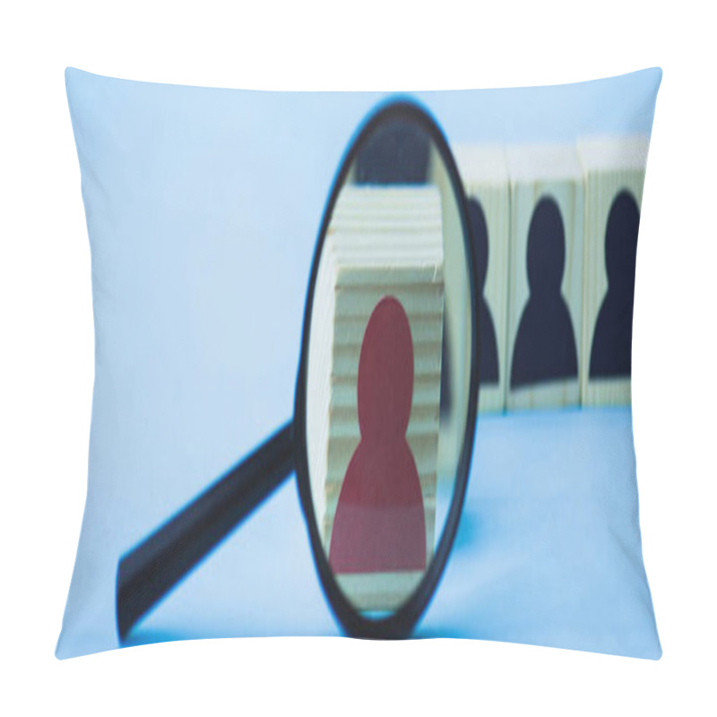 Personality  Selective Focus Of Magnifying Glass Near Wooden Block With Red Human Icon On Blue Background, Leadership Concept, Panoramic Shot Pillow Covers