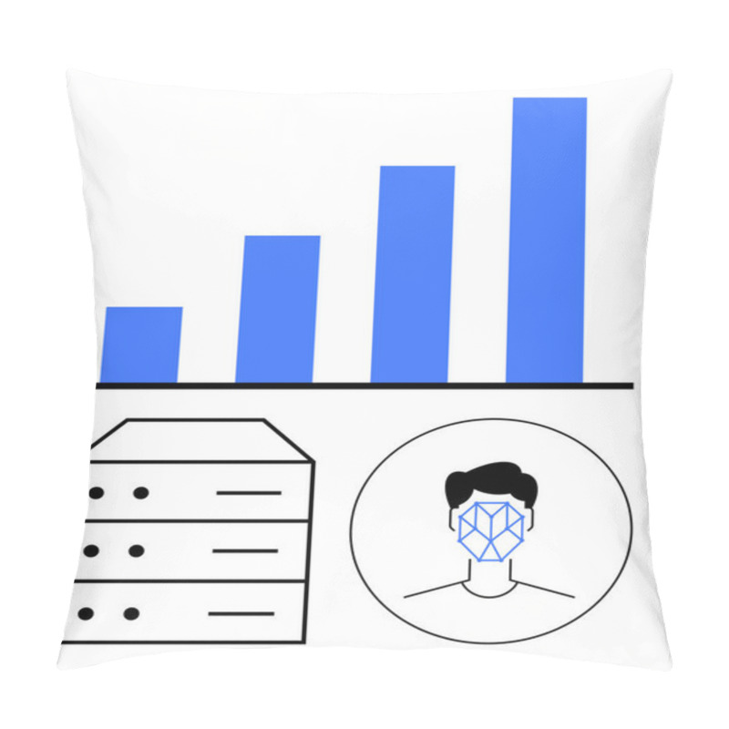 Personality  Blue Bar Chart Symbolizing Growth, Server Stack Signifying Data Storage, And Face Scan Demonstrating AI-powered Recognition. Ideal For Tech, AI, Data Analytics, Biometrics, Cybersecurity, Innovation Pillow Covers