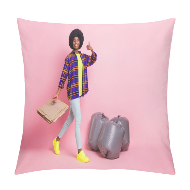 Personality  Full Length Body Size View Of Pretty Cheerful Girl Throwing Waste Save Planet Earth Showing Thumbup Isolated Over Pink Pastel Color Background Pillow Covers