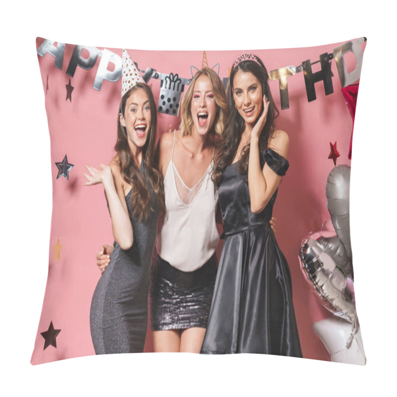 Personality  Image Of Three Fancy Party Girls Smiling And Celebrating Birthda Pillow Covers