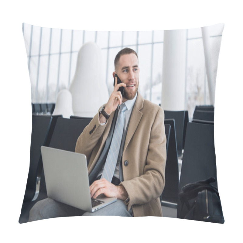 Personality  Happy Businessman Working On The Laptop And Talking On Cellphone At The Airport Waiting Lounge. Handsome Caucasian Businessman At Waiting Room In Airport Terminal Pillow Covers