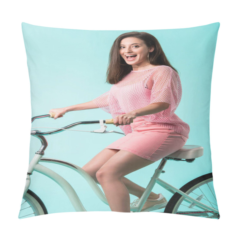 Personality  Excited Girl In Pink Outfit Riding Retro Bike Isolated On Turquoise Pillow Covers