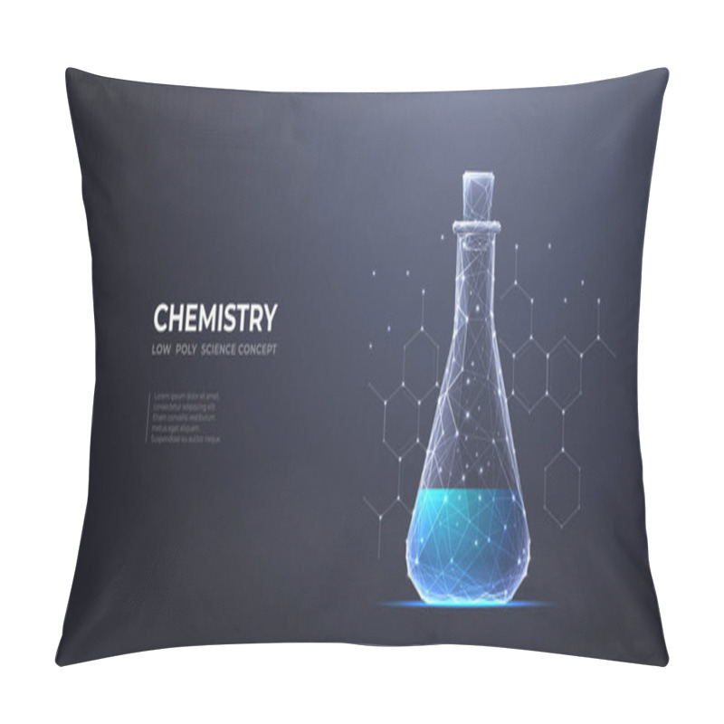 Personality  Chemistry Glass Lab Flask With Chemical Blue Liquid. Science Beaker On Chemical Formula On Dark Background. Digital Laboratory Tube. Science And Lab Concept. 3D Vector Polygonal 3d Illustration. Pillow Covers