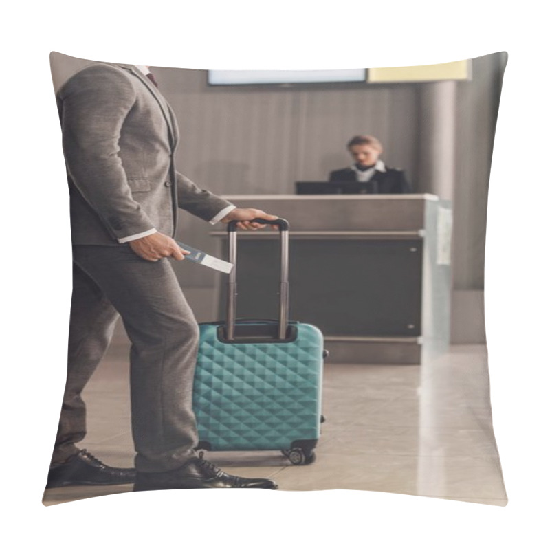 Personality  Rear View Of Businessman With Suitcase In Front Of Airport Check In Counter Pillow Covers