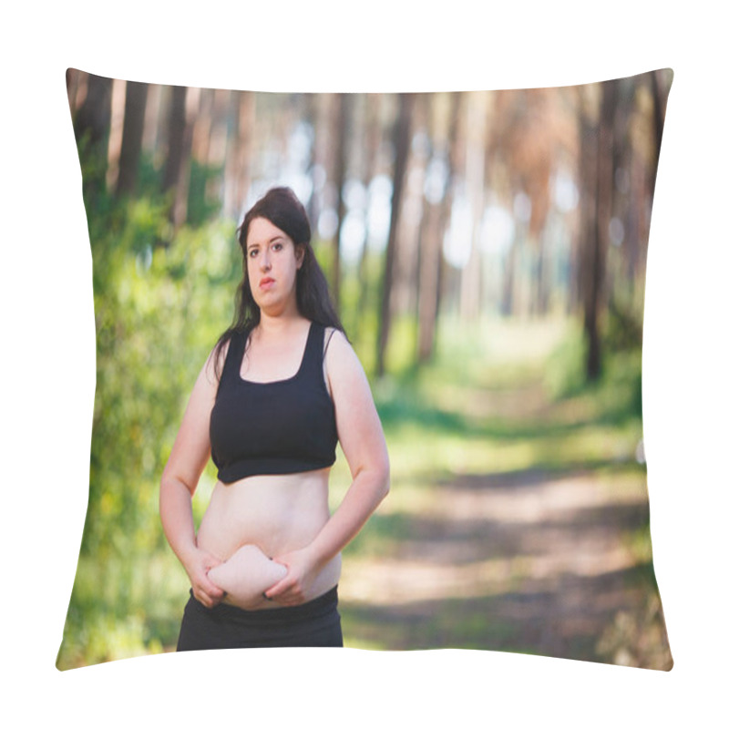 Personality  Overweight Woman Demonstrating Her Belly Pillow Covers