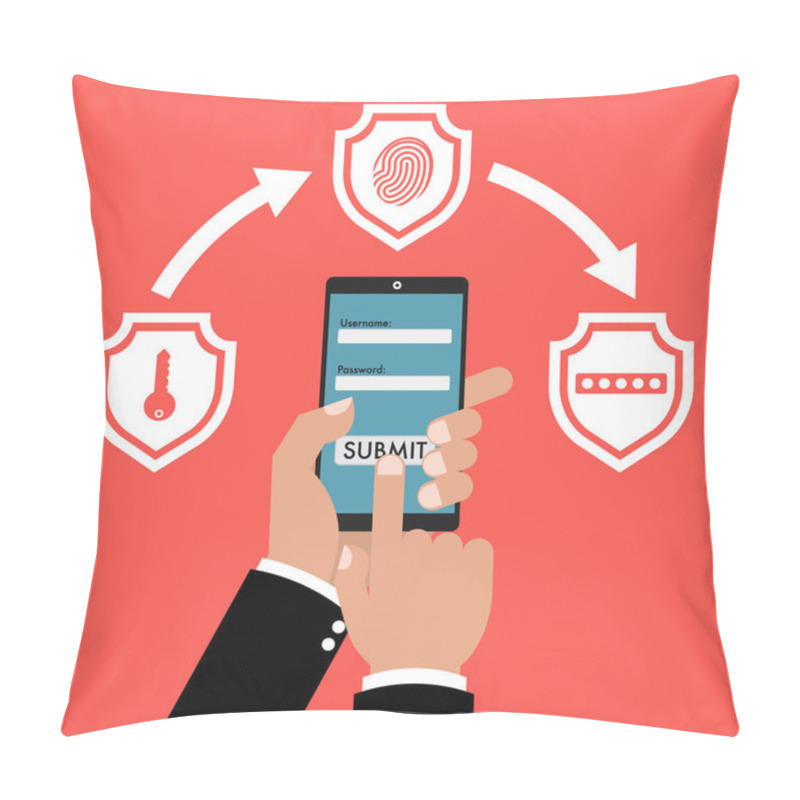 Personality  Businessman Hand Holding Smart Phone Tablet With Multi Factor Authentication Concept With Three Shields On Red Background. Vector Illustration Business Cybersecurity Concept Design. Pillow Covers