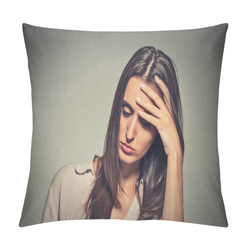 Personality  Portrait Stressed Sad Young Woman Looking Down  Pillow Covers