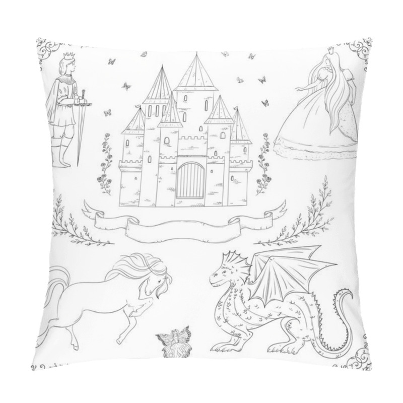 Personality  Fairy Tale Theme. Prince, Princess, Castle, Dragon, Fairy, Horse. Collection Of Decorative Design Elements. Isolated Objects. Vintage Vector Illustration Pillow Covers