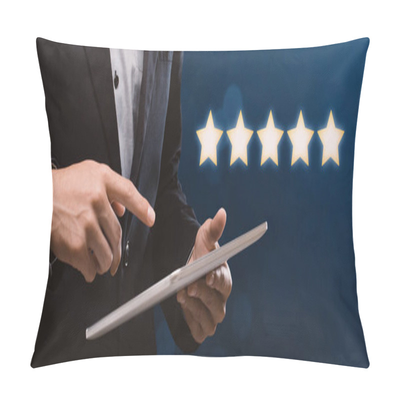 Personality  Unrecognizable Businessman Holding Digital Tablet, Rating Business Application With 5 Stars Pillow Covers