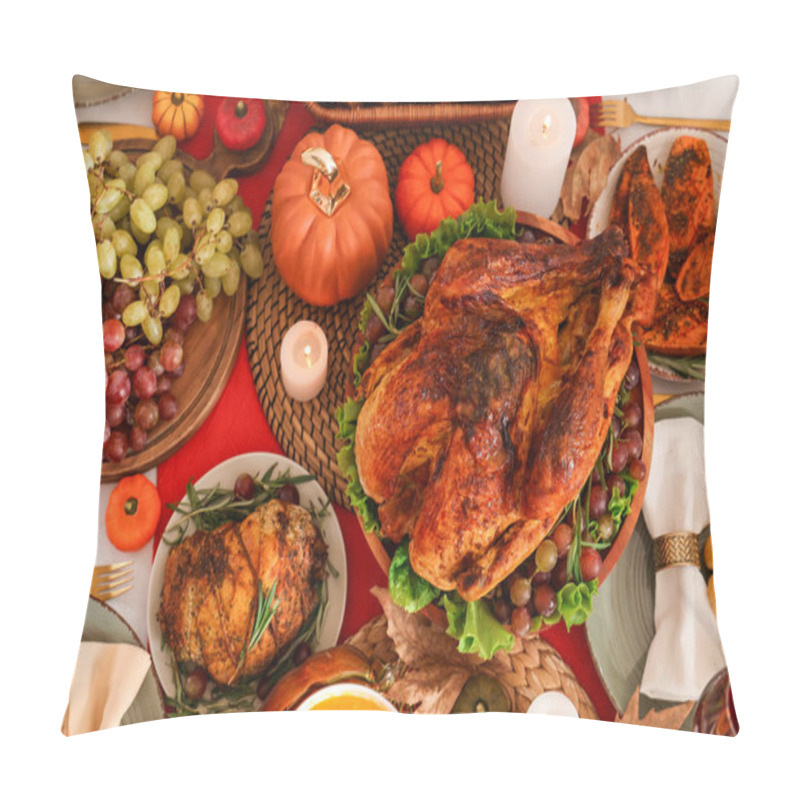 Personality  Festive Table Setting With Tasty Food For Thanksgiving Day, Top View Pillow Covers