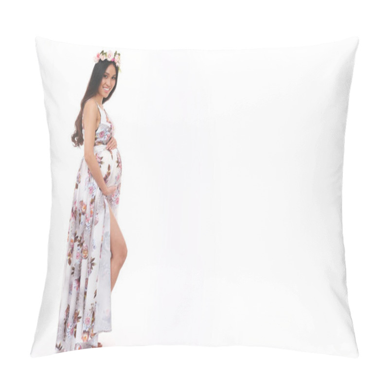 Personality  Pregnant Woman With Beautiful Belly Looks Just Precious. Pregnancy As Best Time For Every Woman. Studio Shoot On White Background. Pillow Covers