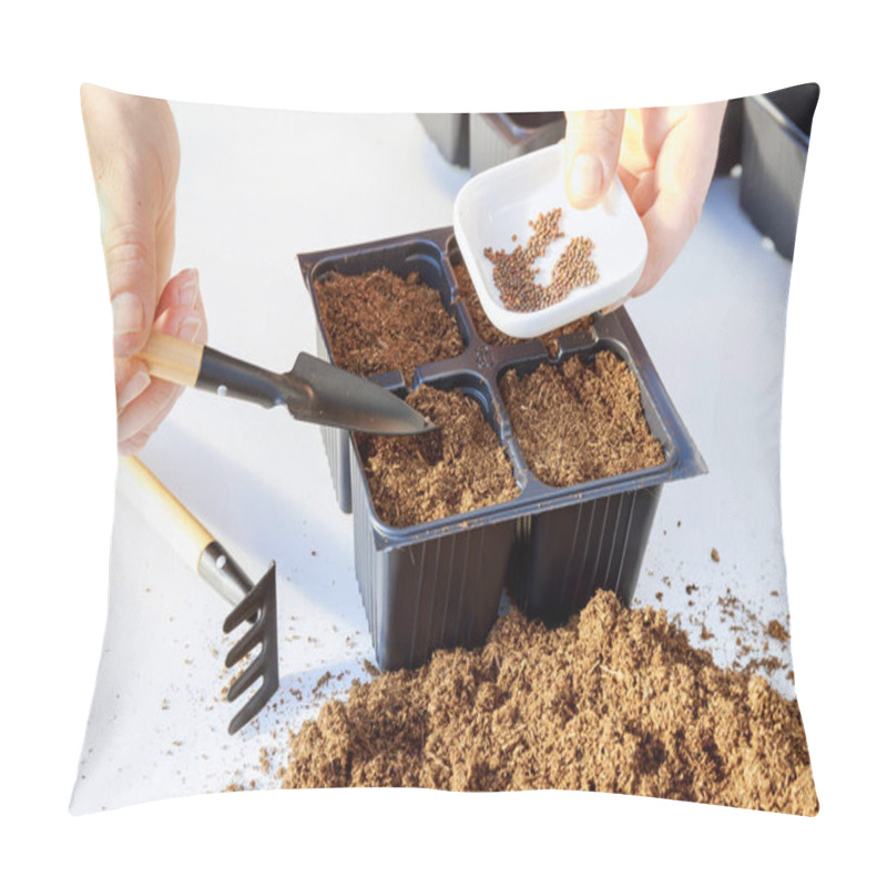 Personality  Farmers Are Sowing Seed Plants Into The Ground. Seeds Sown On Peat In Black Plastic Pots Pillow Covers