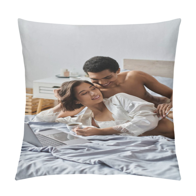 Personality  A Young Multicultural Couple Spends Quality Time Together In Bed, Sharing A Coffee And A Laptop. Pillow Covers