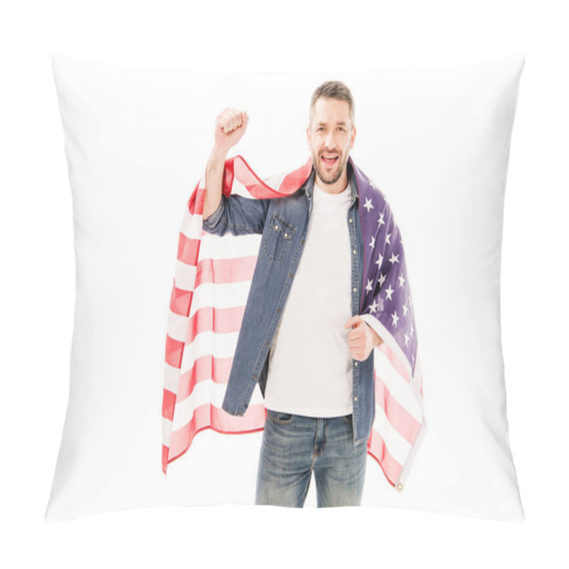 Personality  Front View Of Smiling Bearded Man Holding American Flag And Showing Yes Gesture Isolated On White Pillow Covers