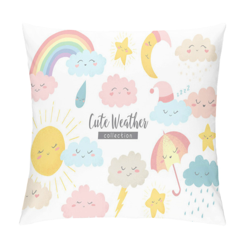 Personality  Vector Collection With Hand Drawn Cartoon Sun, Moon, Rainbow, Umbrella, Rain, Snow, Clouds And Stars Isolated On White Background. Cute Weather Characters Illustration In Cartoon Simple Style Pillow Covers