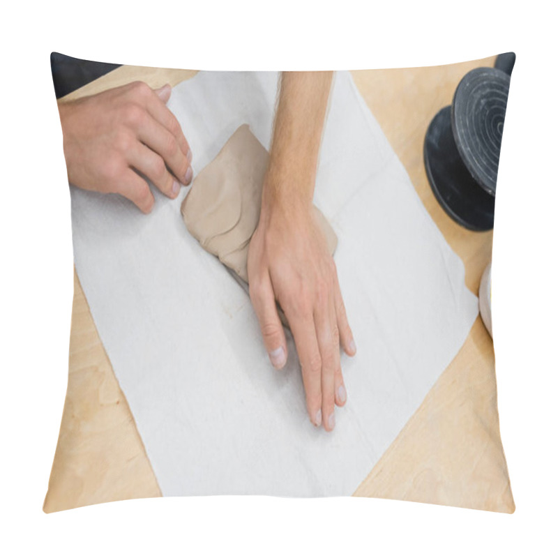 Personality  Top View Of Cropped Man Pressing Clay Piece With Hand During Pottery Class Pillow Covers