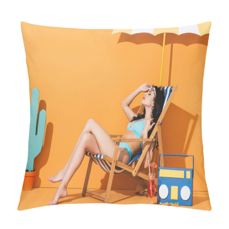 Personality  Attractive Woman In Swimwear Touching Sunglasses And Sitting On Deck Chair Near Cocktail, Flip Flops, Paper Boombox And Cactus On Orange Pillow Covers