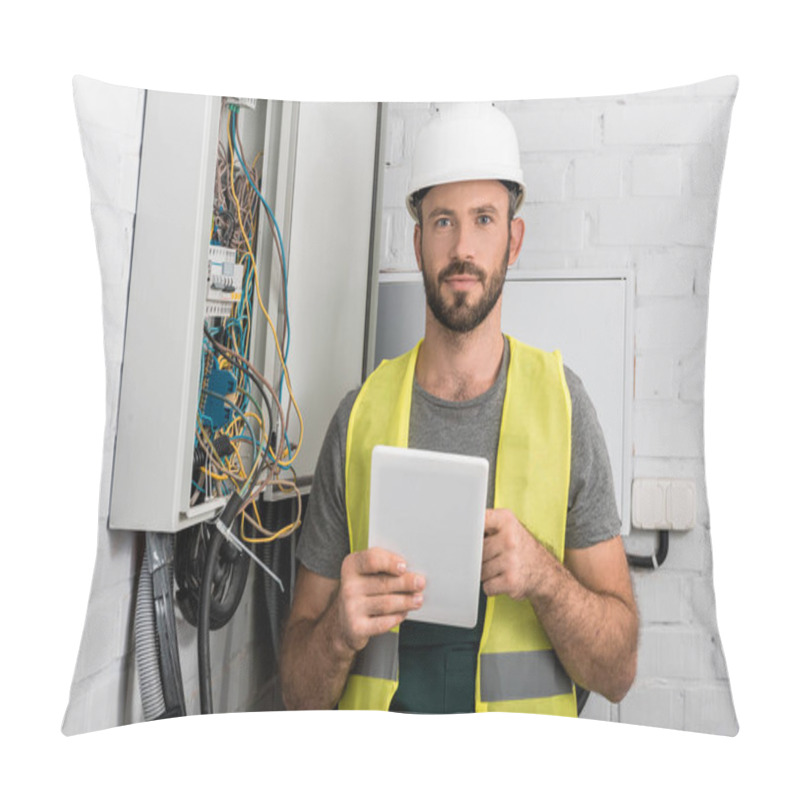 Personality  Handsome Electrician Holding Tablet Near Electrical Box In Corridor And Looking At Camera Pillow Covers