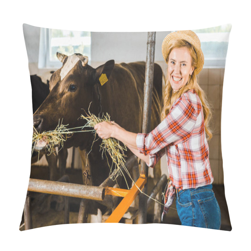 Personality  Smiling Attractive Farmer Feeding Cows With Hay In Stable Pillow Covers