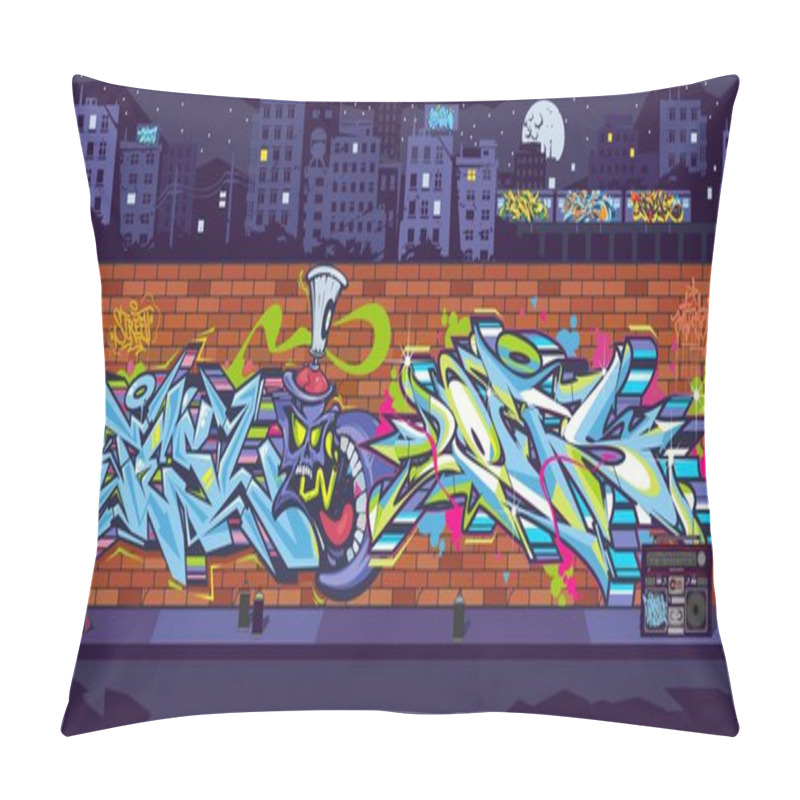 Personality  Graffiti Wall With Drawings At Night Against The Background Of The Cityscape Vector Illustration Pillow Covers