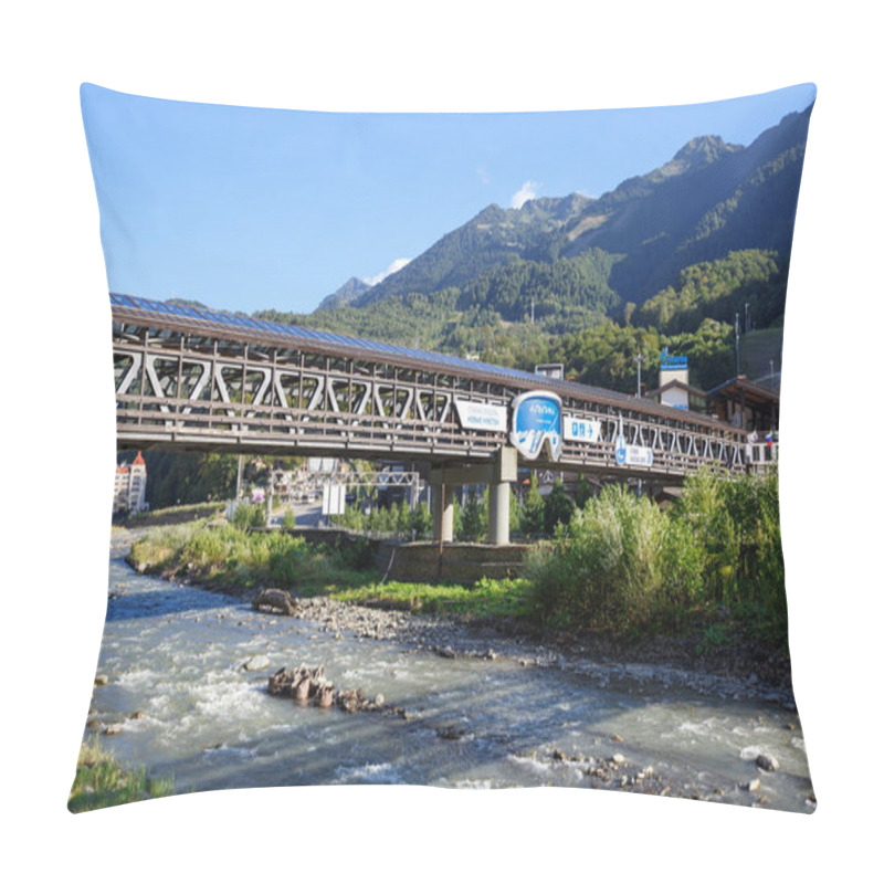 Personality  ESTOSADOK, RUSSIA - AUGUST 26, 2020. Gazprom Ski Resort Center. View Of The Foot Bridge Over Mzymta River In Front Of Alpika Cable Car Station. Village Of Estosadok, Adler District Of Sochi, Russia. Pillow Covers