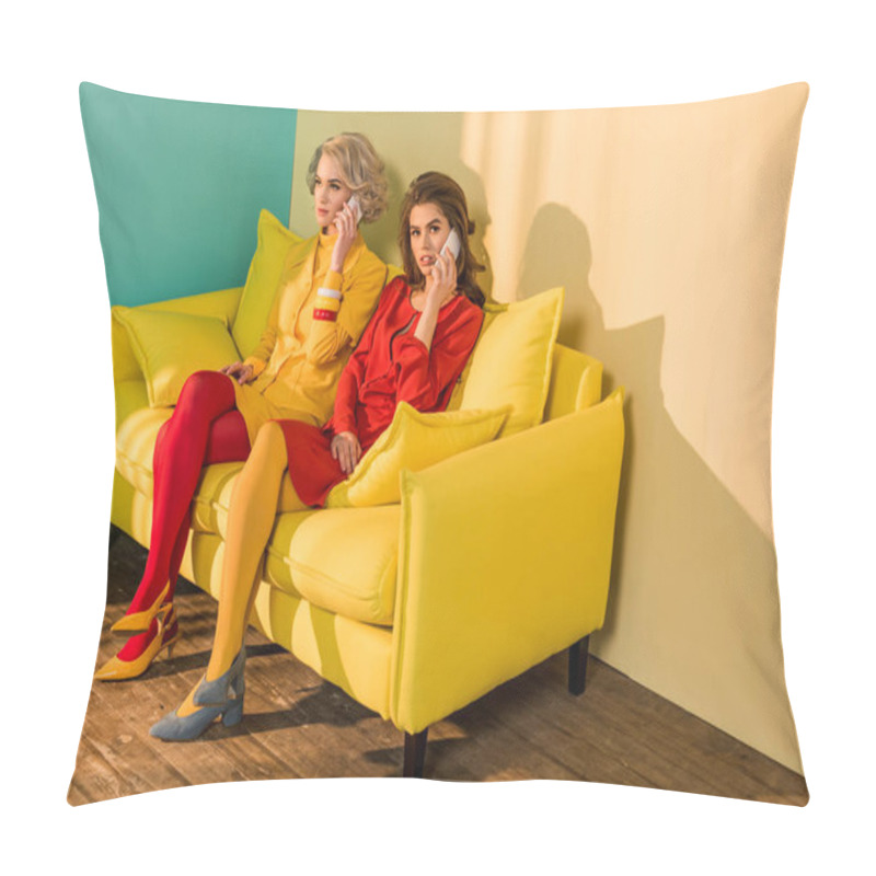 Personality  Retro Styled Women Talking On Smartphones On Yellow Sofa, Doll House Concept Pillow Covers