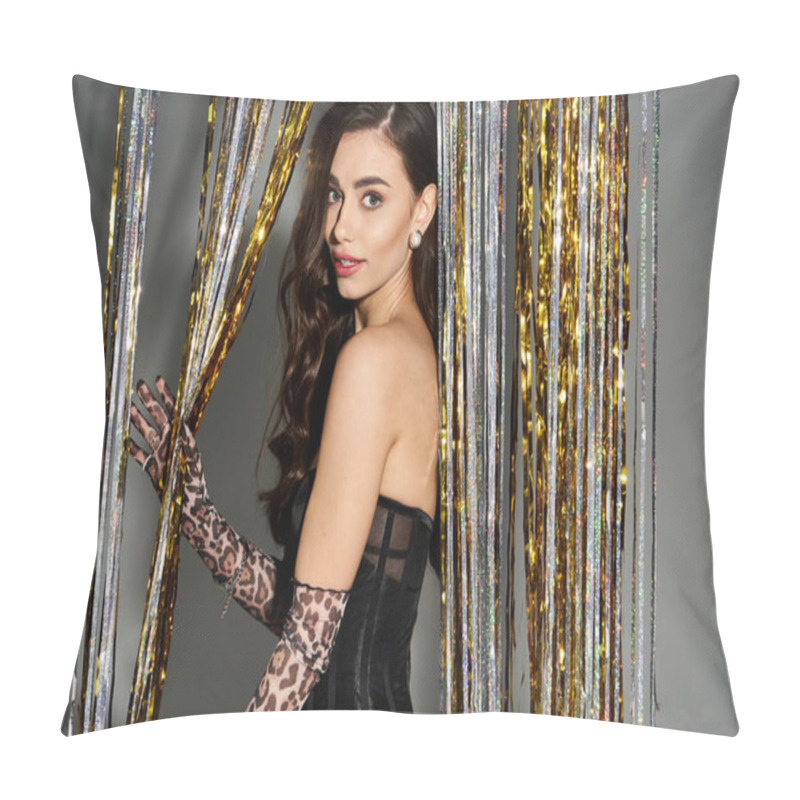 Personality  Stylish Young Woman Poses Gracefully Amid Shiny Decor, Exuding Confidence And Charm. Pillow Covers