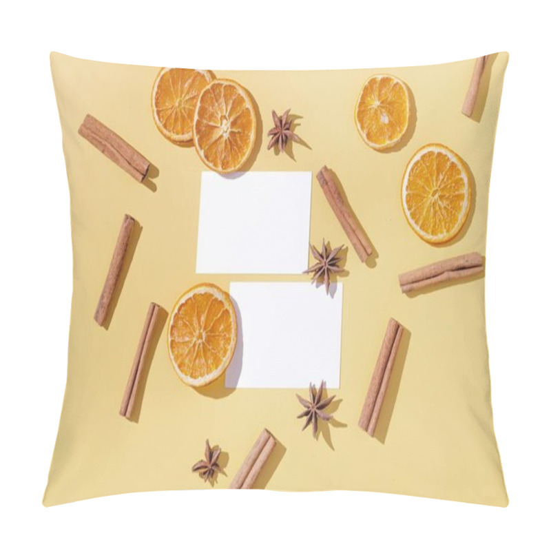 Personality  Flat Lay Of Dried Orange Slices And Spices With Blank Cards On A Bright Yellow Background. Pillow Covers