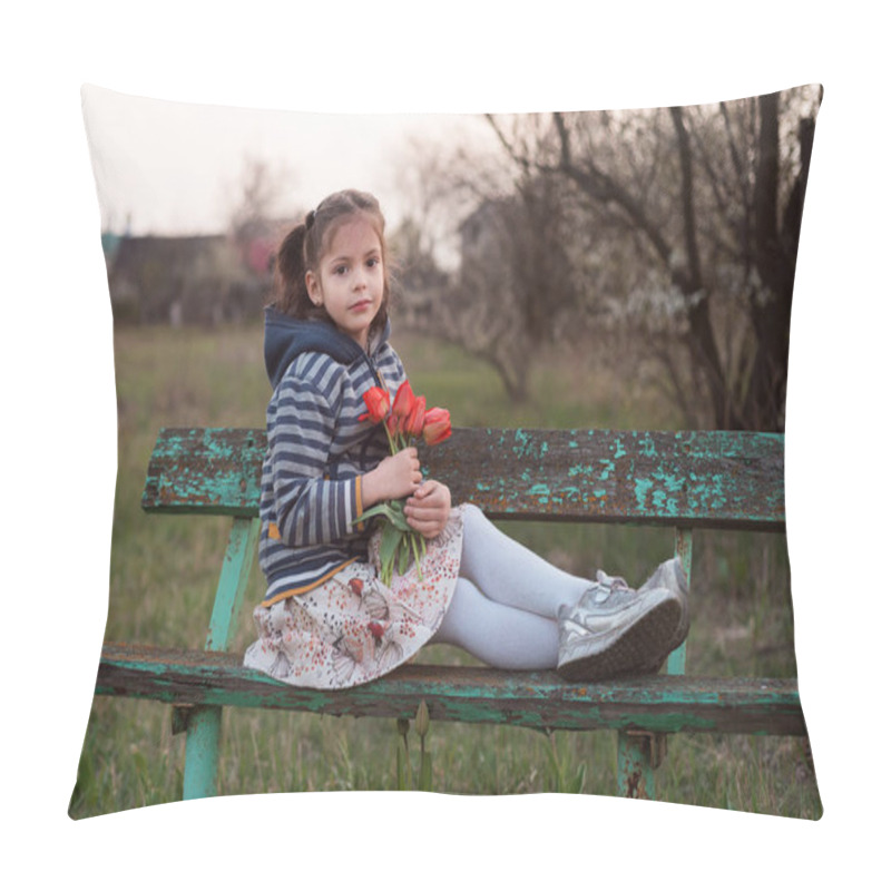 Personality  A Little Adorable Girl With Brown Eyes And Red Tulips In Her Pens. Girl Sits Spring Night Alone On An Old Wooden Bench Pillow Covers