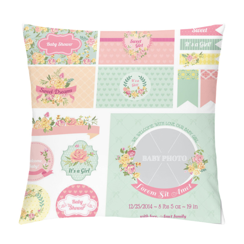 Personality  Scrapbook Design Elements - Baby Shower Flower Theme - In Vector Pillow Covers